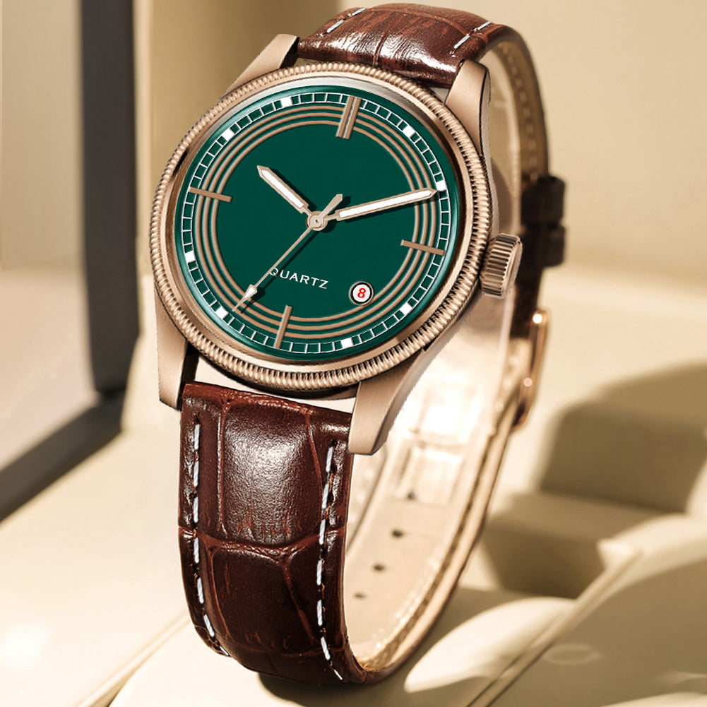 Men's Vintage Inspired Quartz Dress Watch | Emerald Green Dial, Rose Gold Tone Case, and Brown Crocodile-Style Leather Strap