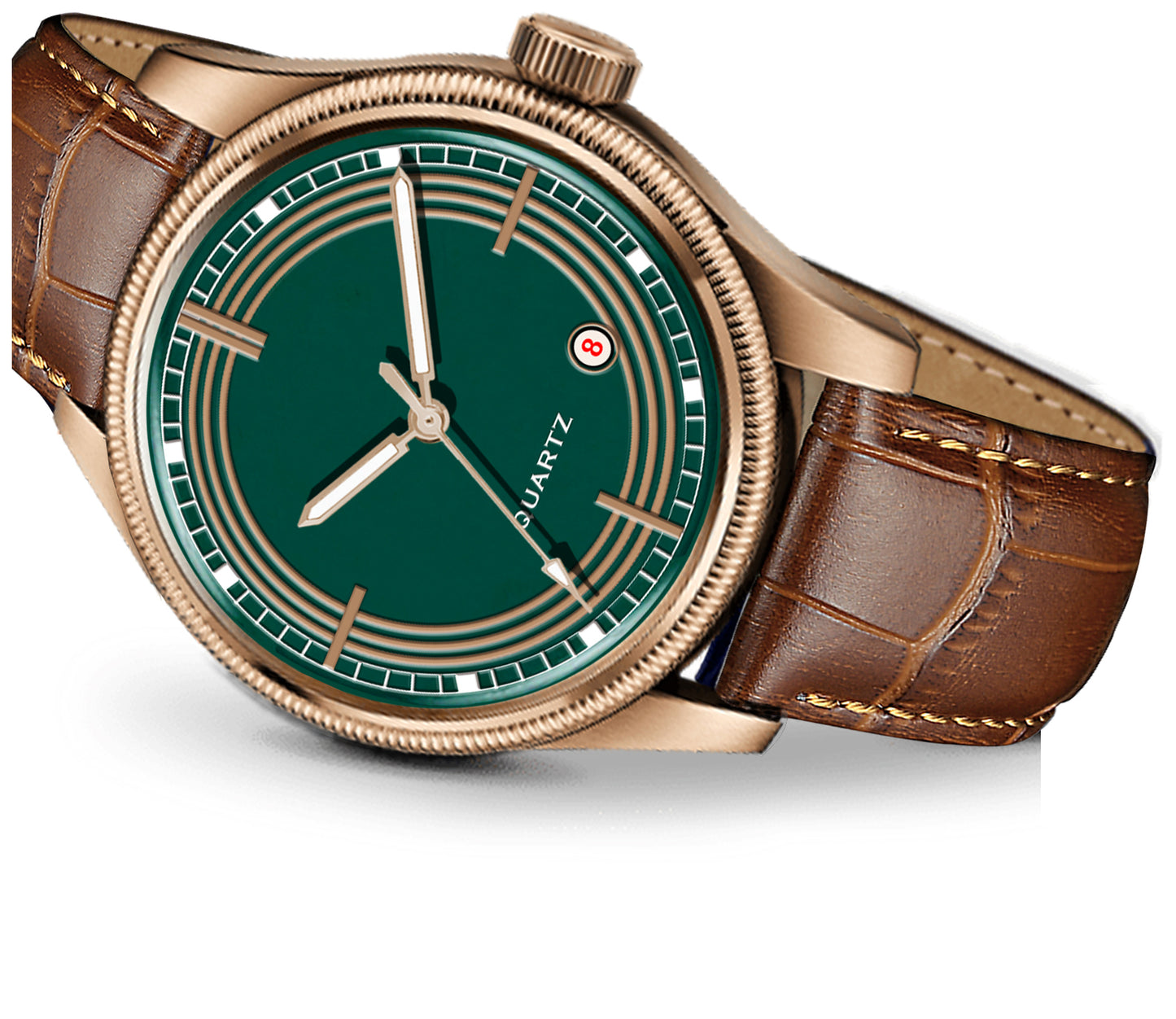Men's Vintage Inspired Quartz Dress Watch | Emerald Green Dial, Rose Gold Tone Case, and Brown Crocodile-Style Leather Strap