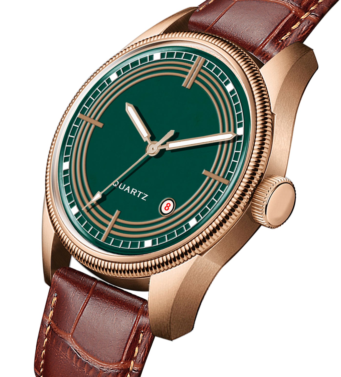 Men's Vintage Inspired Quartz Dress Watch | Emerald Green Dial, Rose Gold Tone Case, and Brown Crocodile-Style Leather Strap