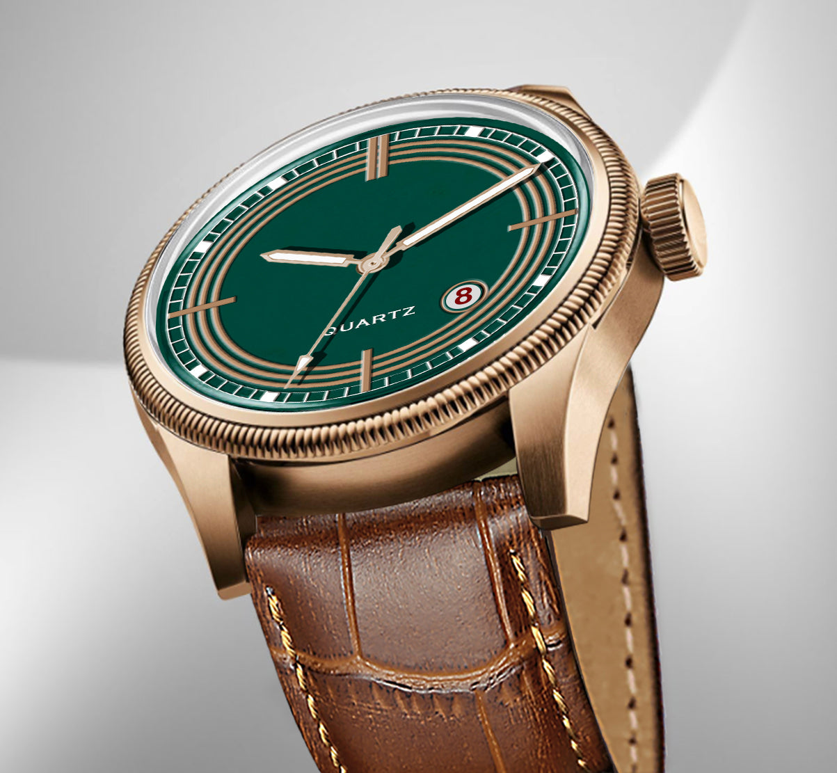 Men's Vintage Inspired Quartz Dress Watch | Emerald Green Dial, Rose Gold Tone Case, and Brown Crocodile-Style Leather Strap