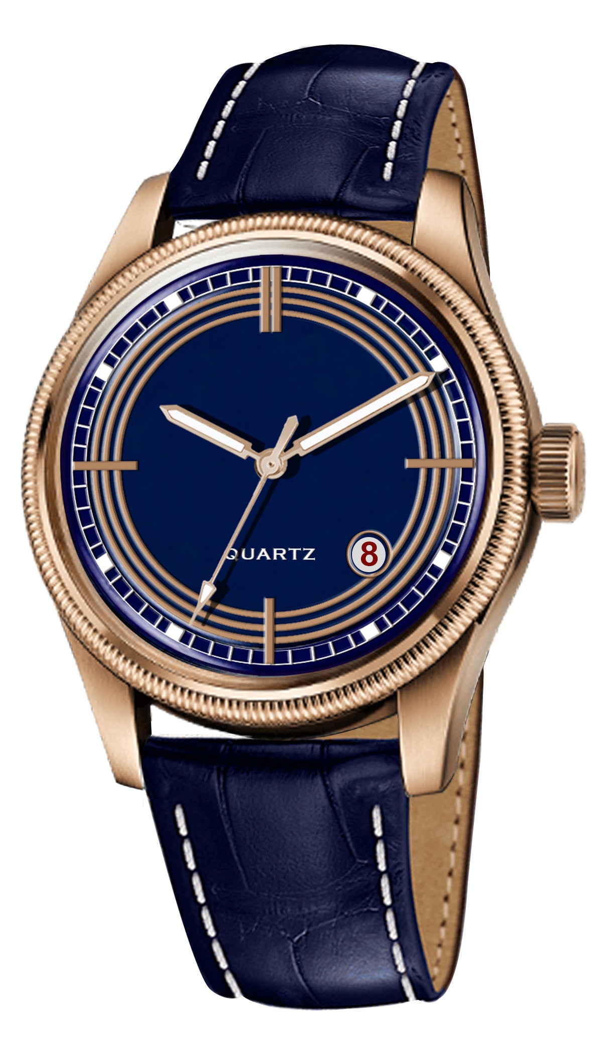 Men's Vintage Inspired Quartz Dress Watch | Midnight Blue Dial, Rose Gold Tone Case, and Navy Crocodile-Style Leather Strap