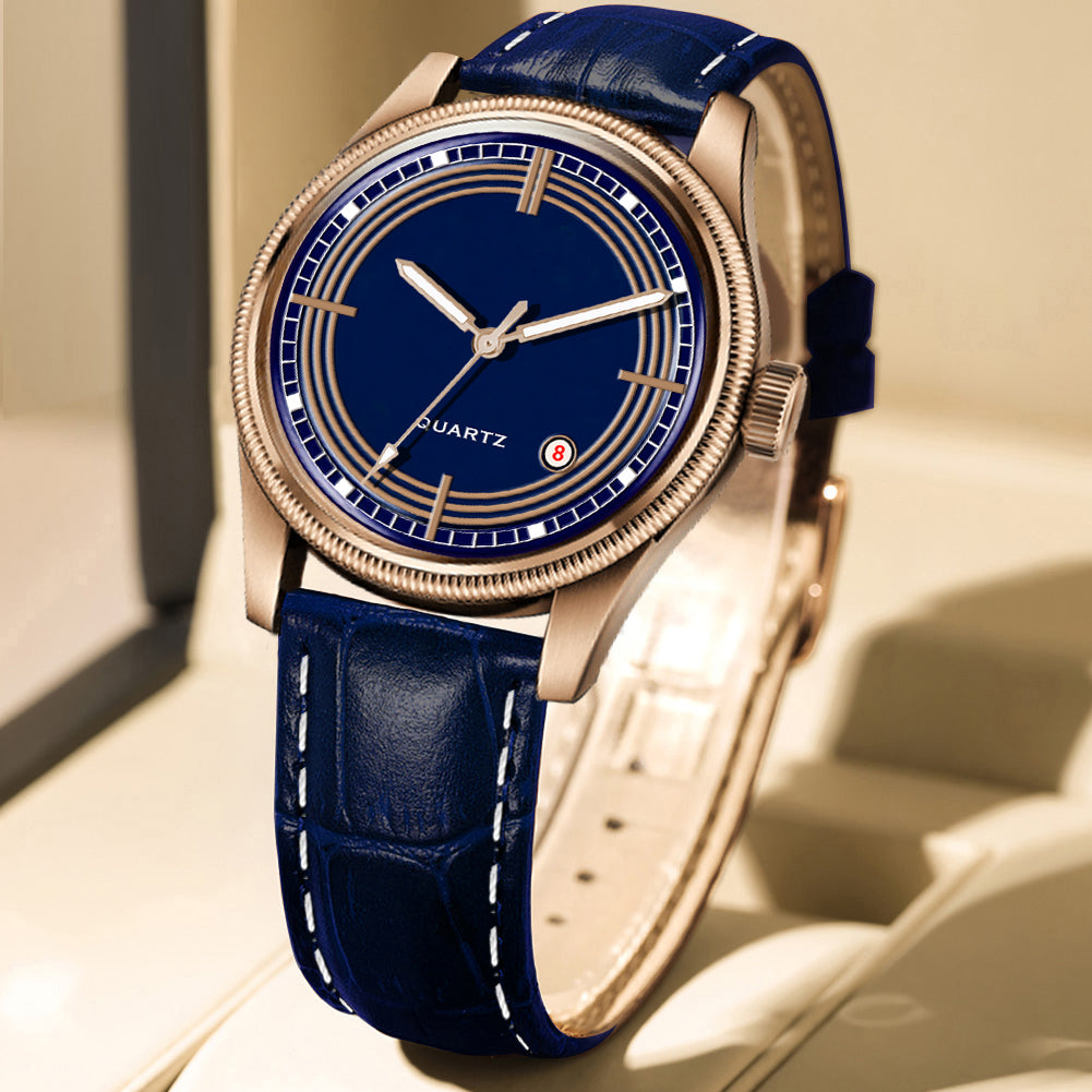 Men's Vintage Inspired Quartz Dress Watch | Midnight Blue Dial, Rose Gold Tone Case, and Navy Crocodile-Style Leather Strap