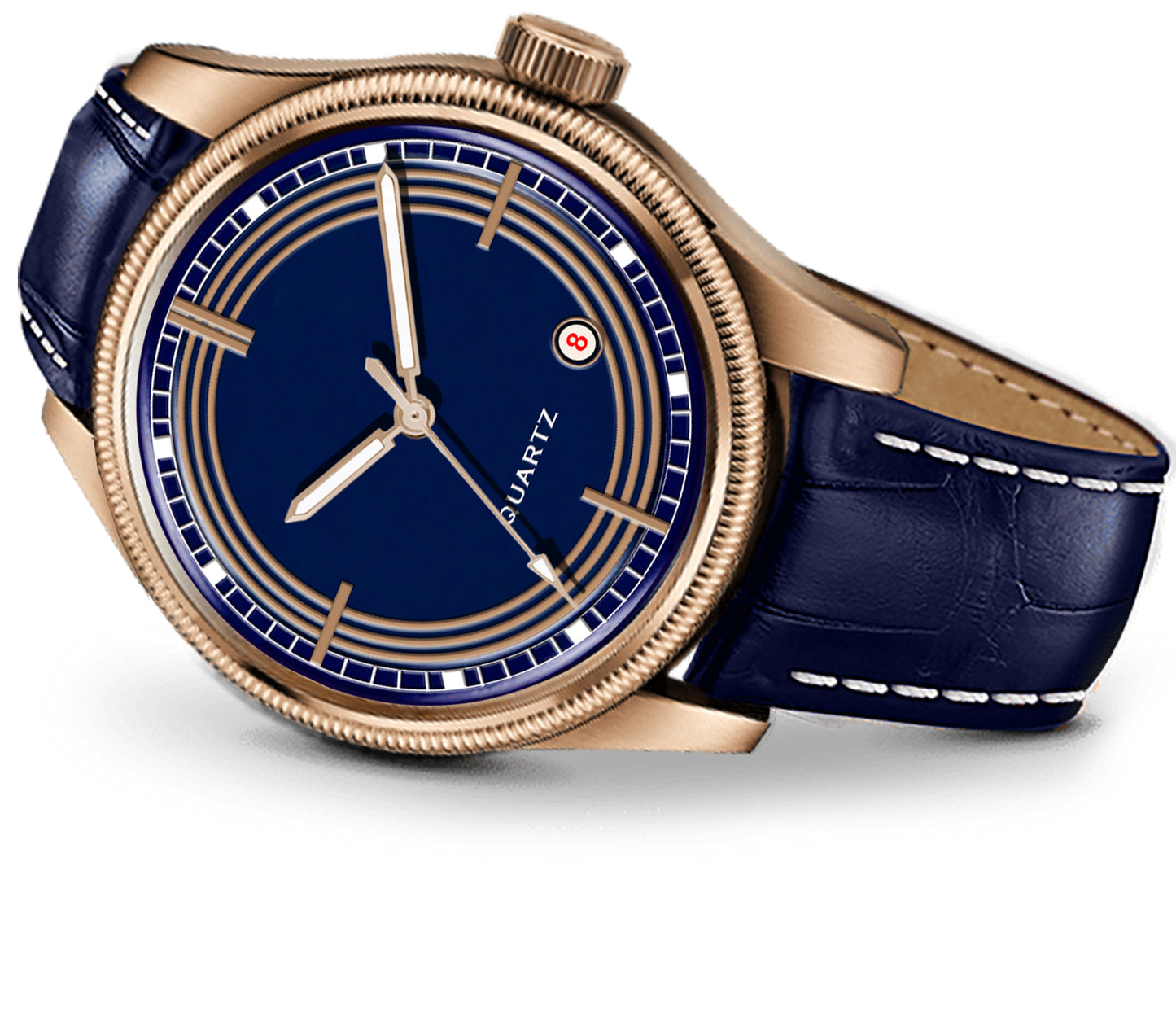 Men's Vintage Inspired Quartz Dress Watch | Midnight Blue Dial, Rose Gold Tone Case, and Navy Crocodile-Style Leather Strap