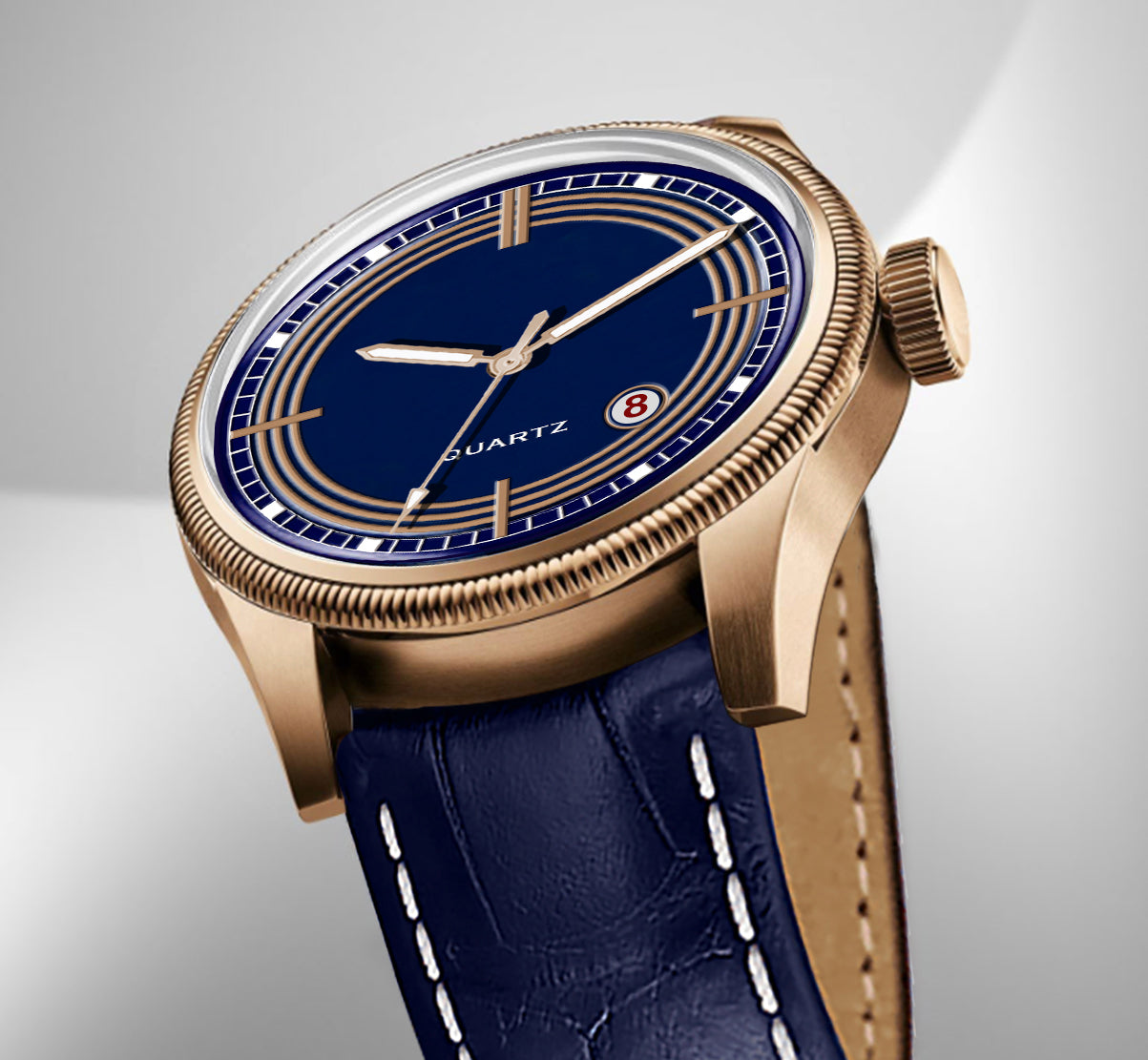 Men's Vintage Inspired Quartz Dress Watch | Midnight Blue Dial, Rose Gold Tone Case, and Navy Crocodile-Style Leather Strap