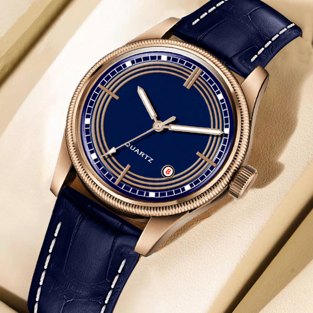 Men's Vintage Inspired Quartz Dress Watch | Midnight Blue Dial, Rose Gold Tone Case, and Navy Crocodile-Style Leather Strap