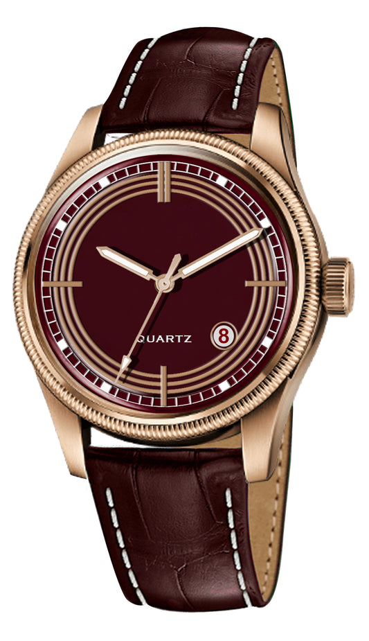 Men's Vintage Inspired Quartz Dress Watch | Luxurious Burgundy Dial, Rose Gold Tone Case, and Brown Crocodile-Style Leather Strap