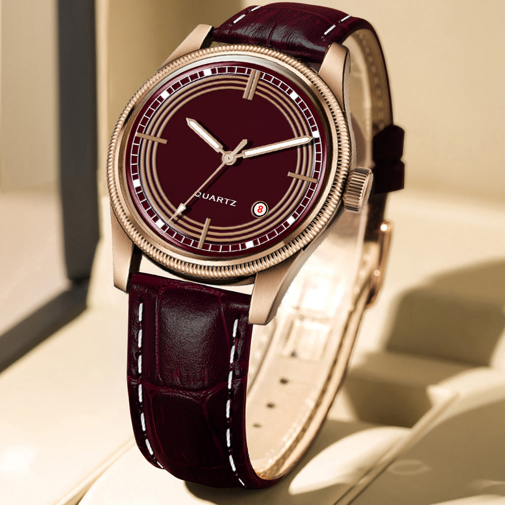 Men's Vintage Inspired Quartz Dress Watch | Luxurious Burgundy Dial, Rose Gold Tone Case, and Brown Crocodile-Style Leather Strap