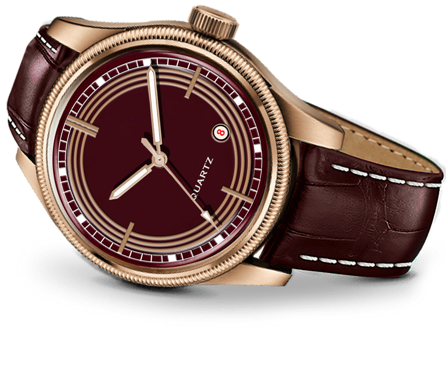 Men's Vintage Inspired Quartz Dress Watch | Luxurious Burgundy Dial, Rose Gold Tone Case, and Brown Crocodile-Style Leather Strap