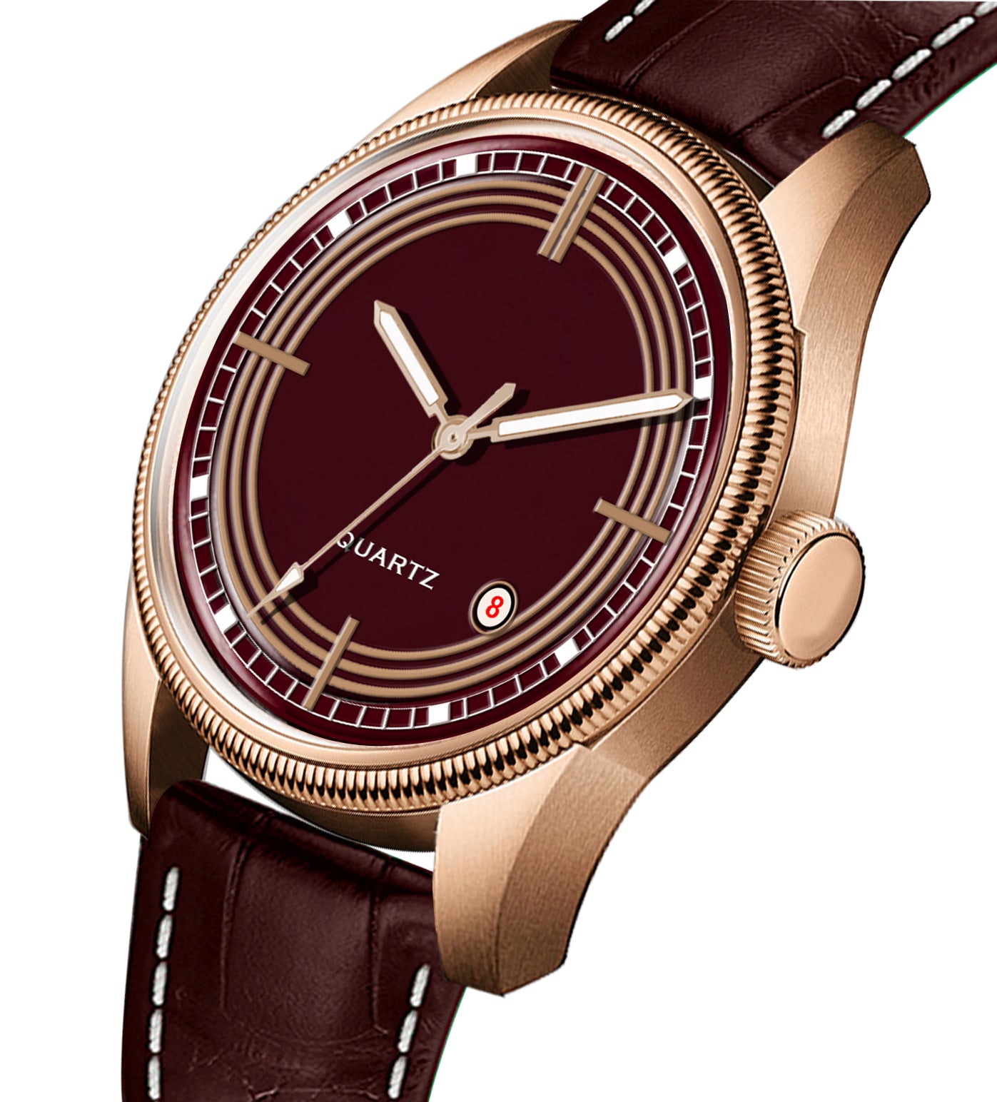 Men's Vintage Inspired Quartz Dress Watch | Luxurious Burgundy Dial, Rose Gold Tone Case, and Brown Crocodile-Style Leather Strap