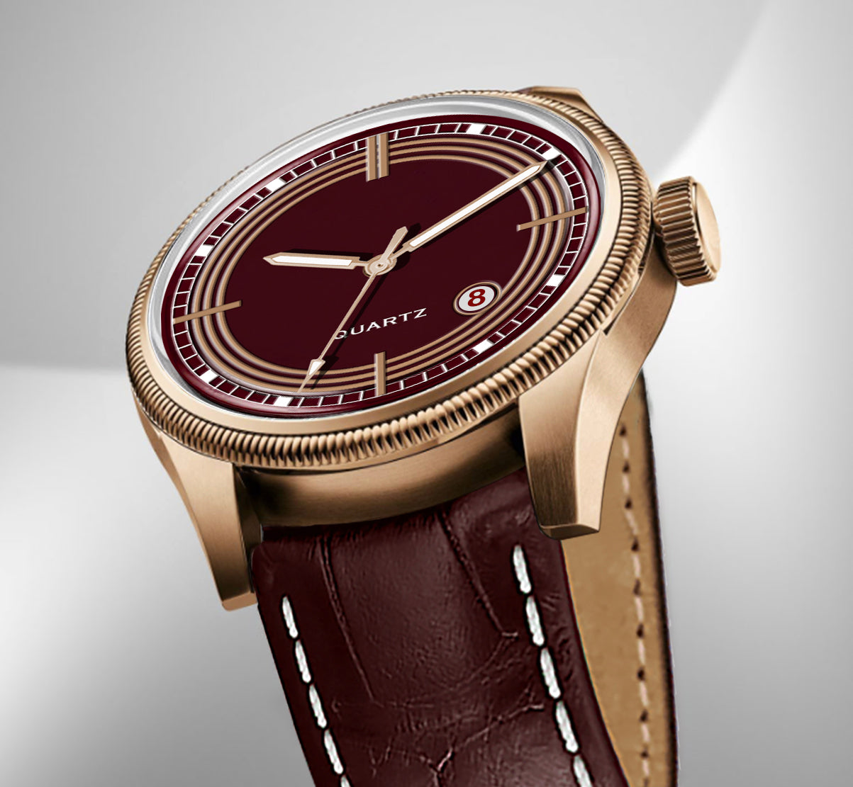 Men's Vintage Inspired Quartz Dress Watch | Luxurious Burgundy Dial, Rose Gold Tone Case, and Brown Crocodile-Style Leather Strap