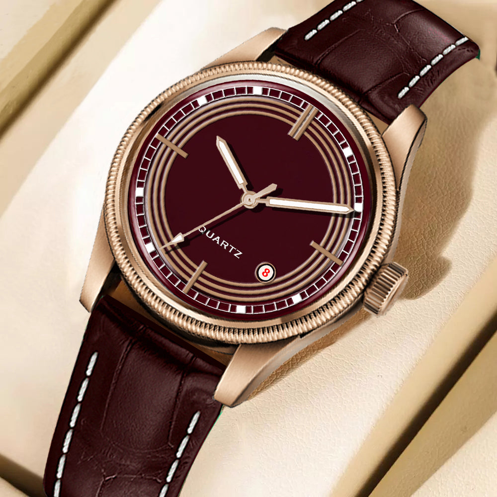 Men's Vintage Inspired Quartz Dress Watch | Luxurious Burgundy Dial, Rose Gold Tone Case, and Brown Crocodile-Style Leather Strap