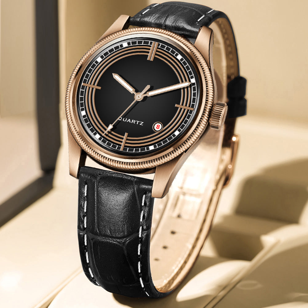 Men's Classic Black Quartz Dress Watch | Black Dial, Rose Gold Tone Case, and Black Crocodile-Style Leather Strap