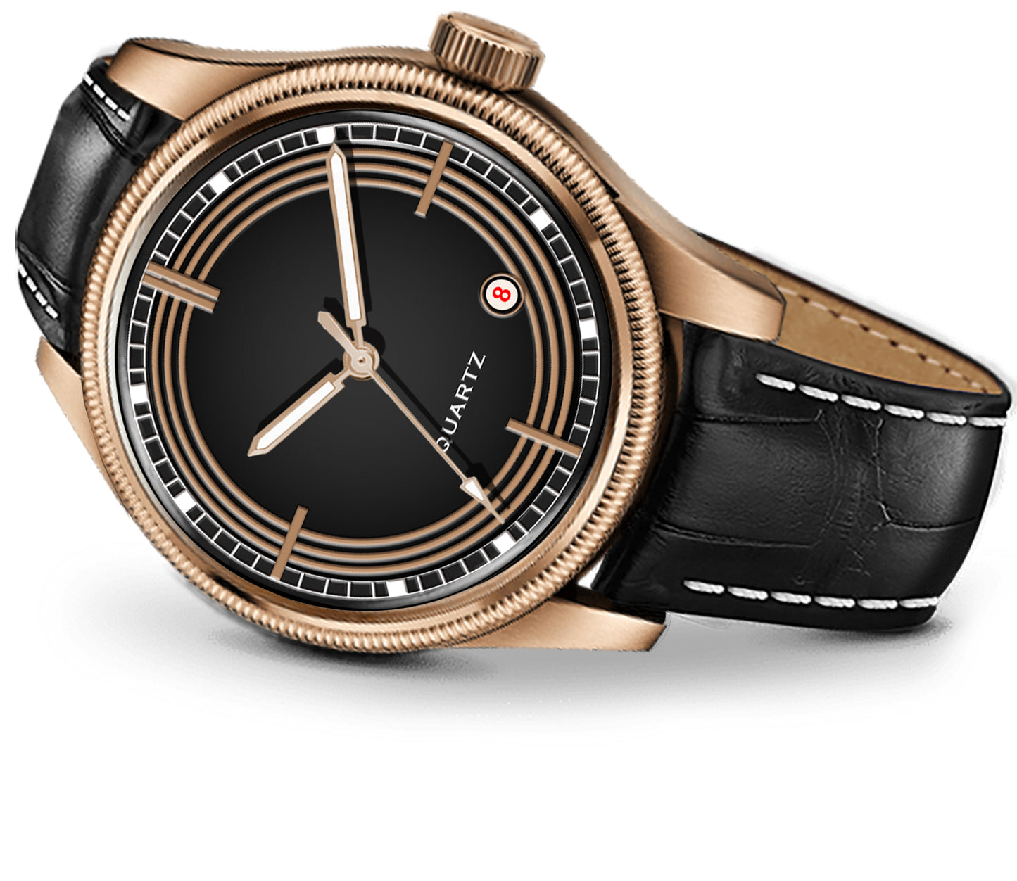 Men's Classic Black Quartz Dress Watch | Black Dial, Rose Gold Tone Case, and Black Crocodile-Style Leather Strap