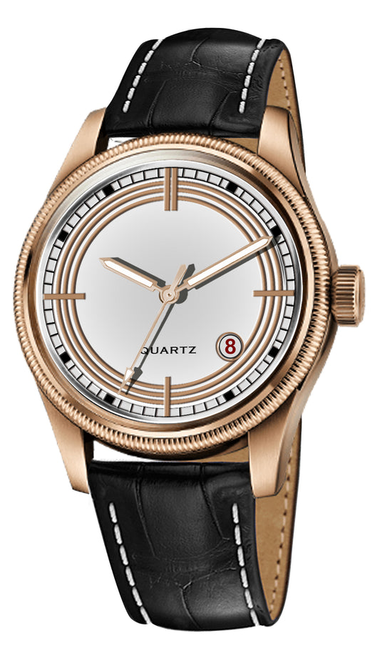 Men's Classic White Dial Quartz Dress Watch | Rose Gold Tone Case and Black Crocodile-Style Leather Strap