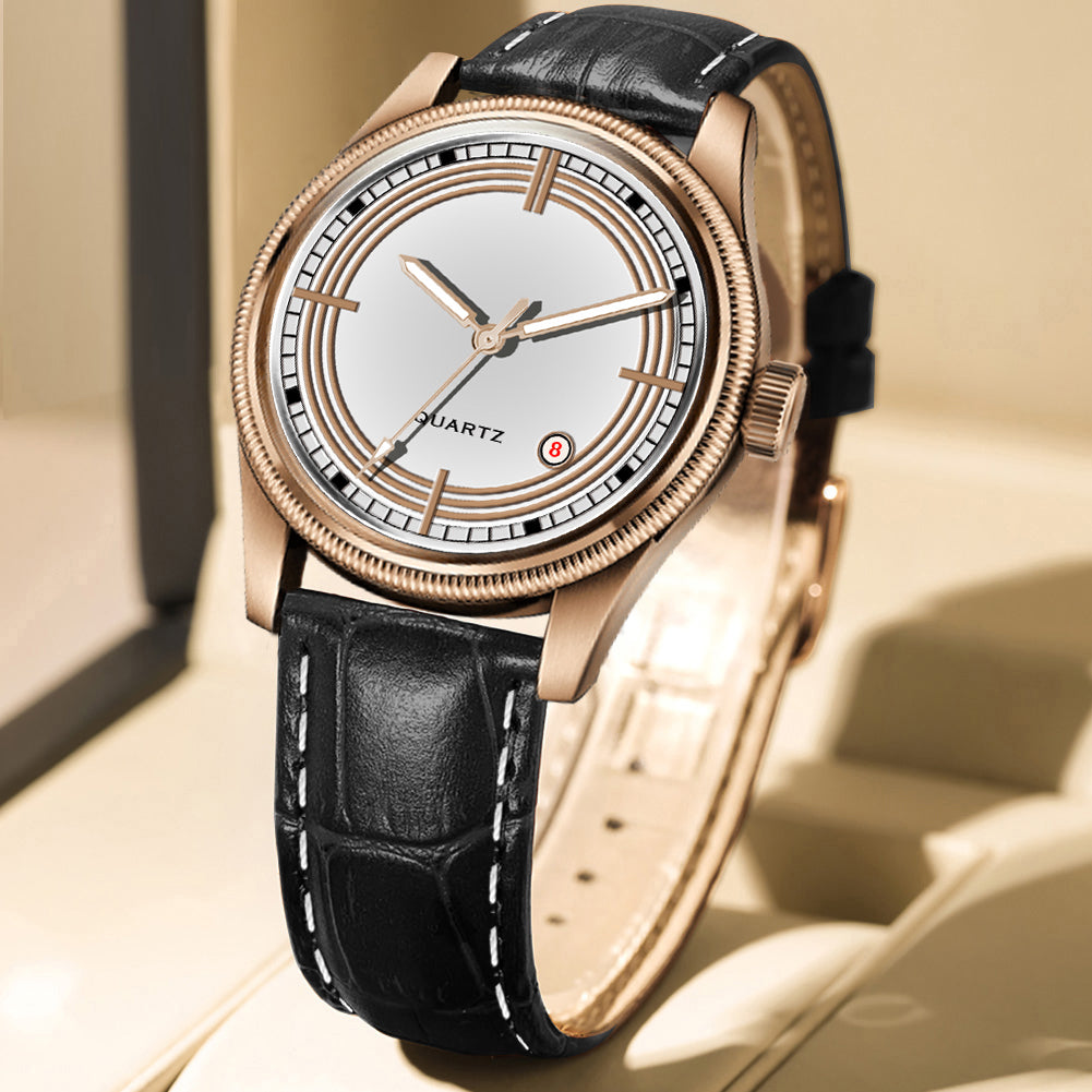 Men's Classic White Dial Quartz Dress Watch | Rose Gold Tone Case and Black Crocodile-Style Leather Strap