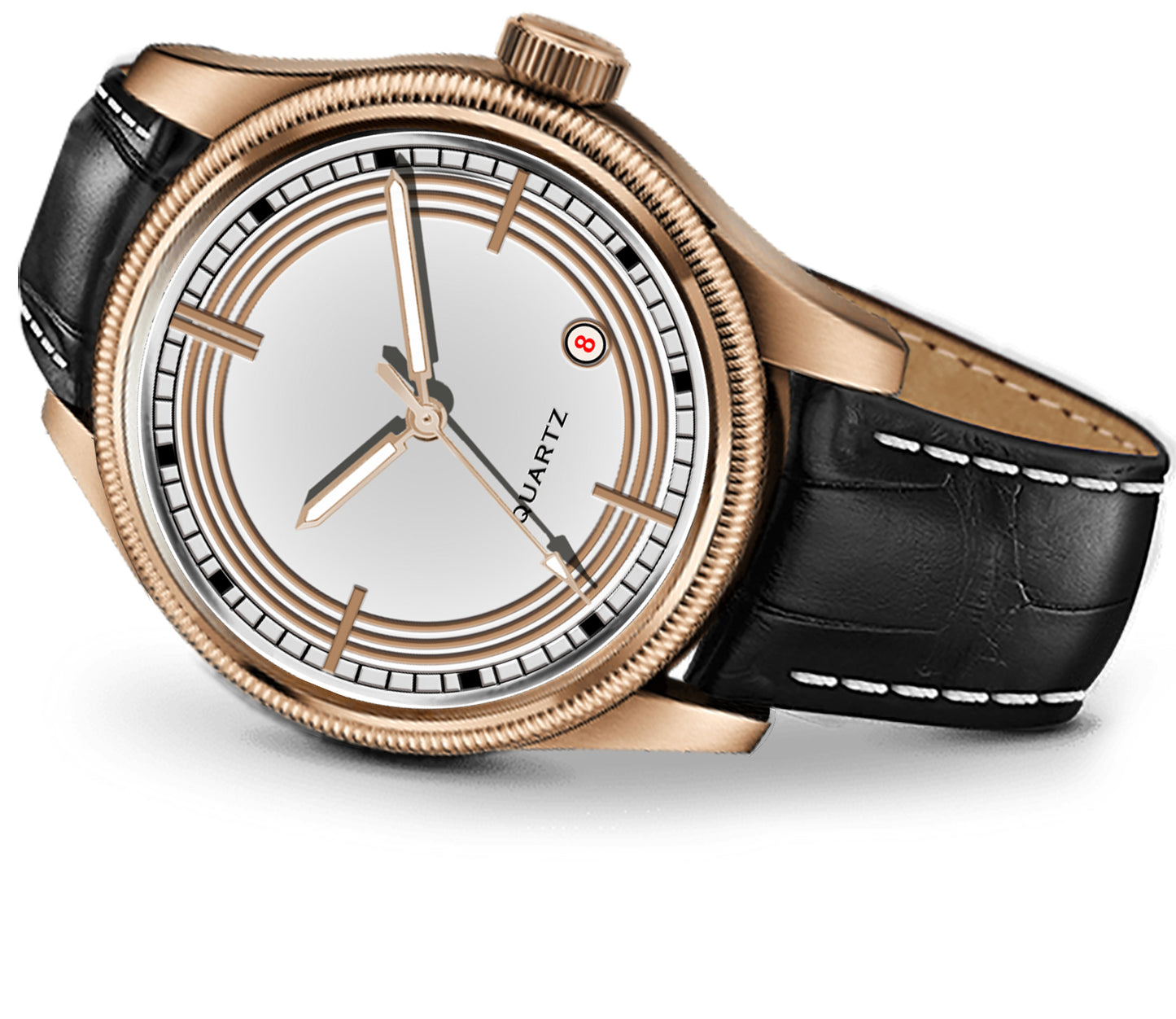 Men's Classic White Dial Quartz Dress Watch | Rose Gold Tone Case and Black Crocodile-Style Leather Strap