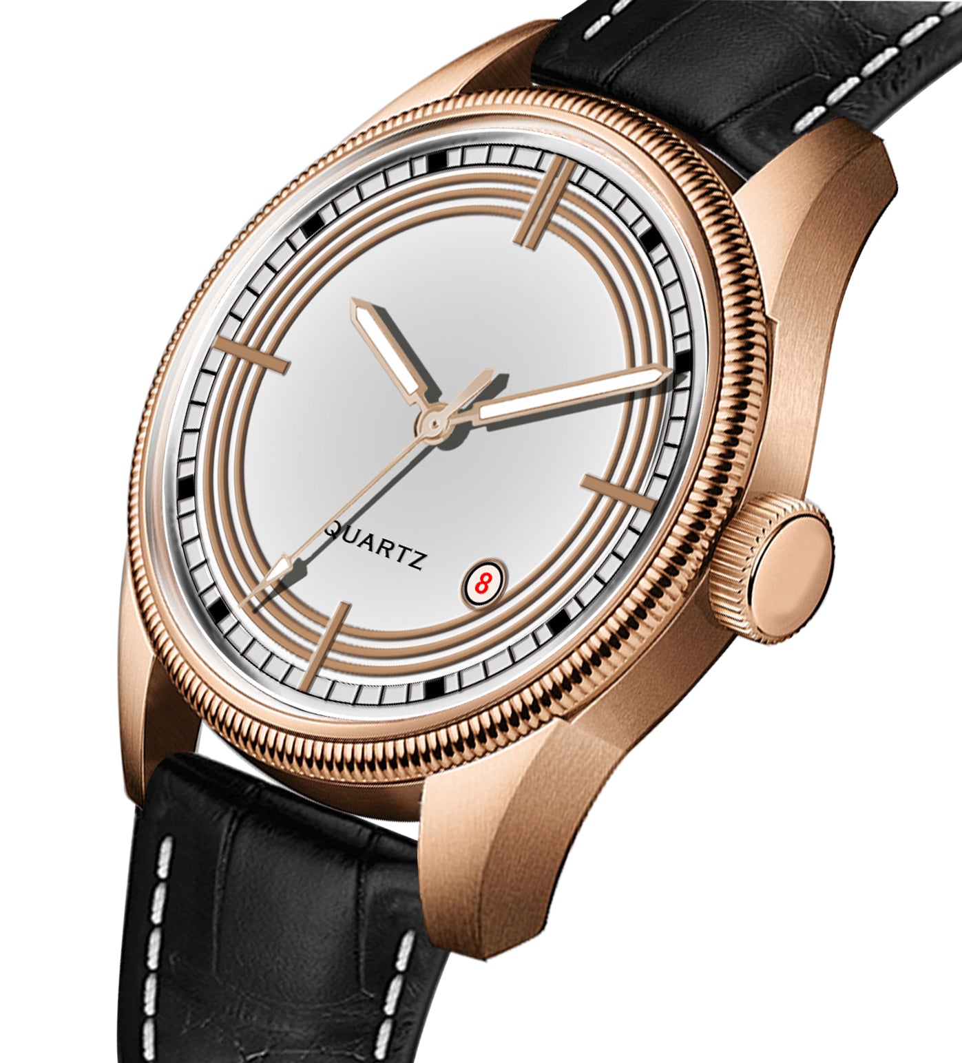 Men's Classic White Dial Quartz Dress Watch | Rose Gold Tone Case and Black Crocodile-Style Leather Strap