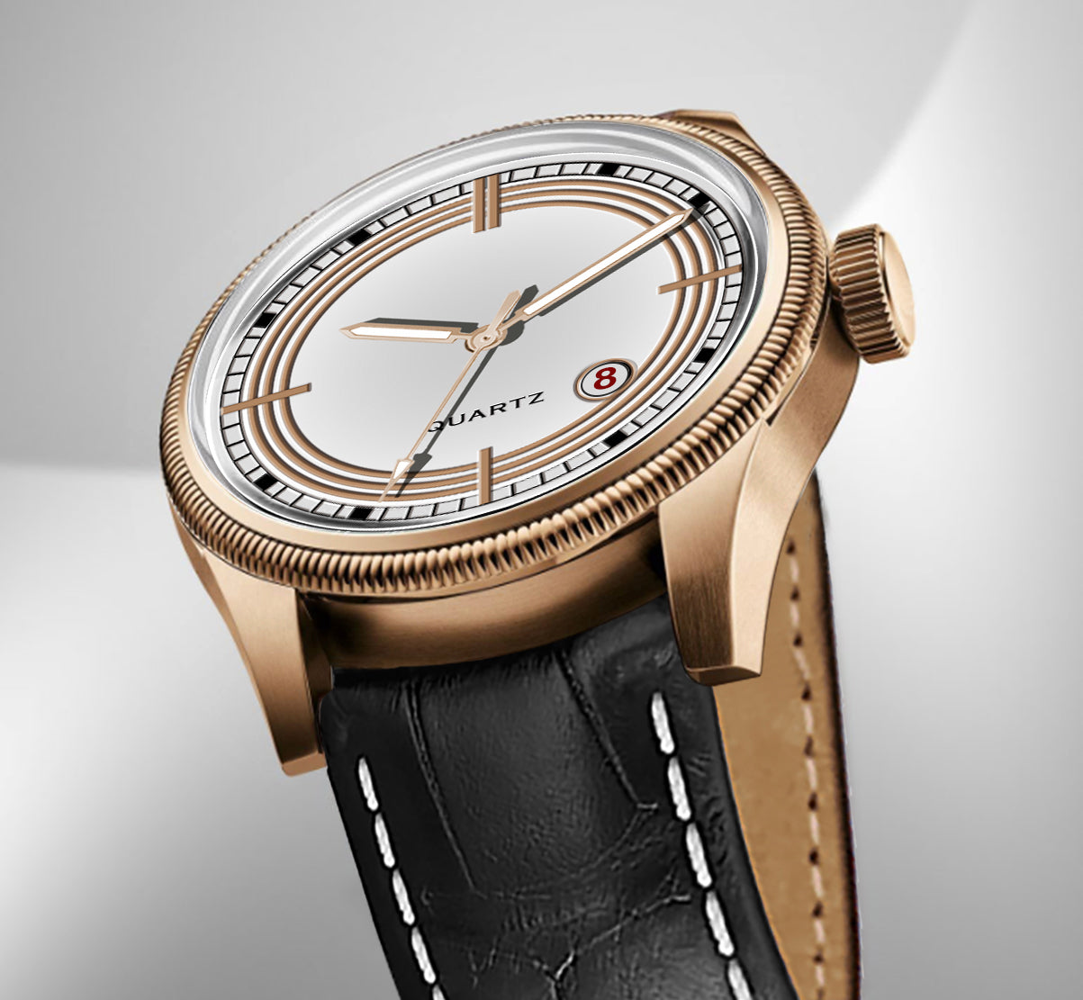 Men's Classic White Dial Quartz Dress Watch | Rose Gold Tone Case and Black Crocodile-Style Leather Strap