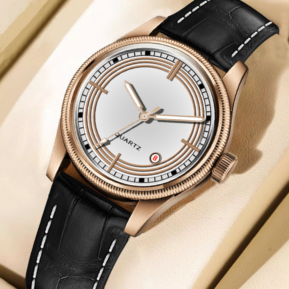 Men's Classic White Dial Quartz Dress Watch | Rose Gold Tone Case and Black Crocodile-Style Leather Strap