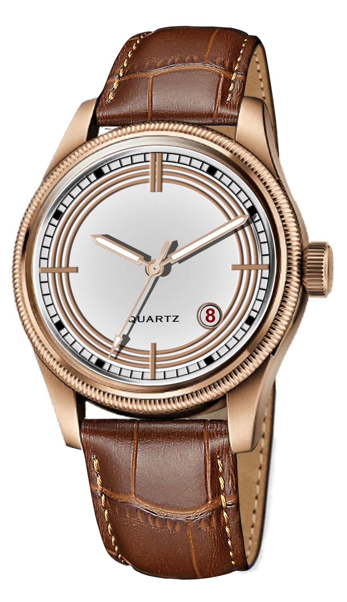 Men's Vintage Inspired Quartz Dress Watch | Classic White Dial, Rose Gold Tone Case, and Warm Brown Crocodile-Style Leather Strap