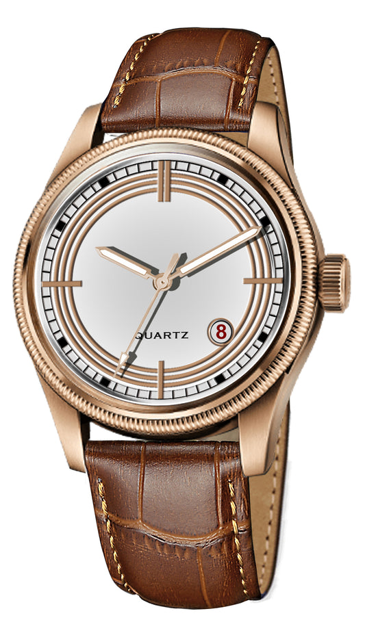Men's Vintage Inspired Quartz Dress Watch | Classic White Dial, Rose Gold Tone Case, and Warm Brown Crocodile-Style Leather Strap