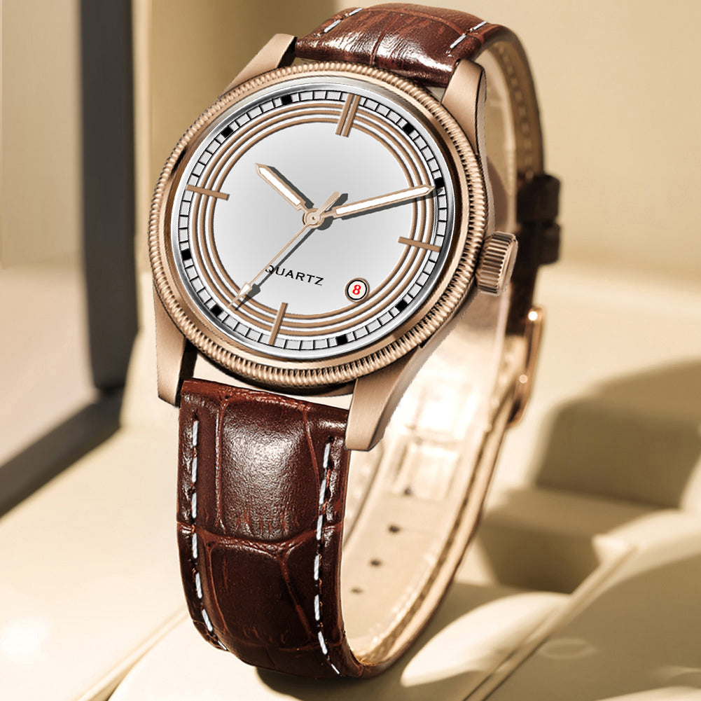 Men's Vintage Inspired Quartz Dress Watch | Classic White Dial, Rose Gold Tone Case, and Warm Brown Crocodile-Style Leather Strap