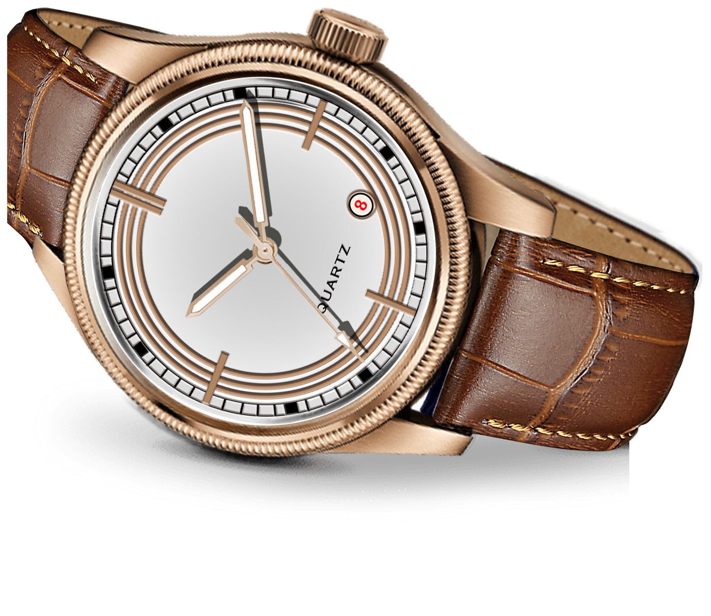 Men's Vintage Inspired Quartz Dress Watch | Classic White Dial, Rose Gold Tone Case, and Warm Brown Crocodile-Style Leather Strap