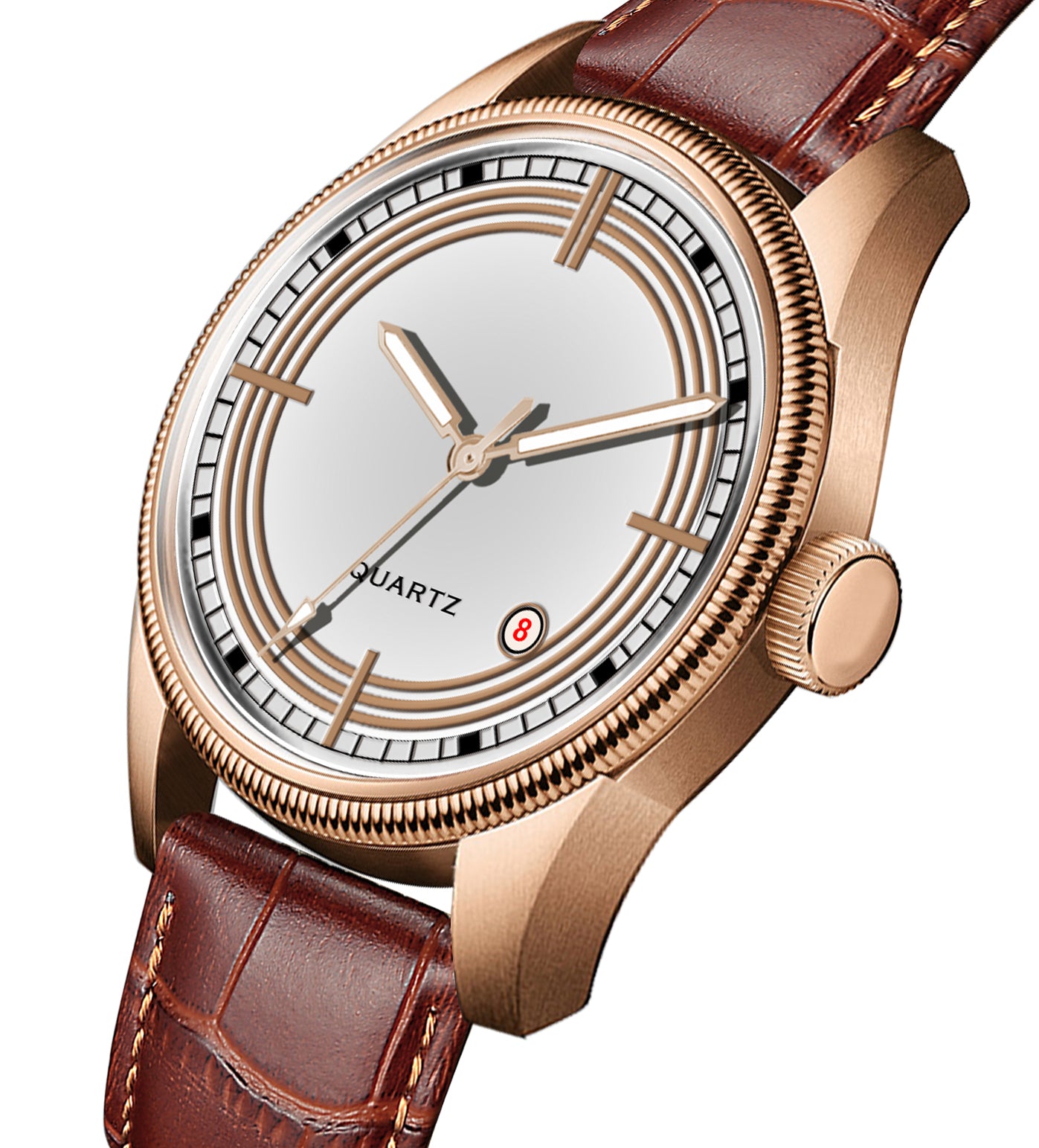 Men's Vintage Inspired Quartz Dress Watch | Classic White Dial, Rose Gold Tone Case, and Warm Brown Crocodile-Style Leather Strap