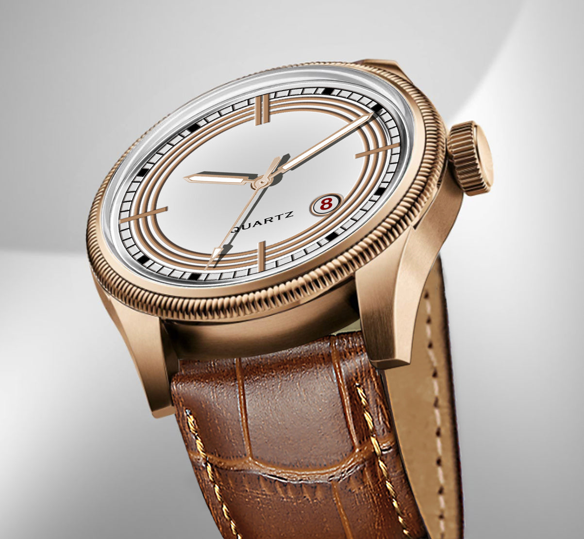 Men's Vintage Inspired Quartz Dress Watch | Classic White Dial, Rose Gold Tone Case, and Warm Brown Crocodile-Style Leather Strap