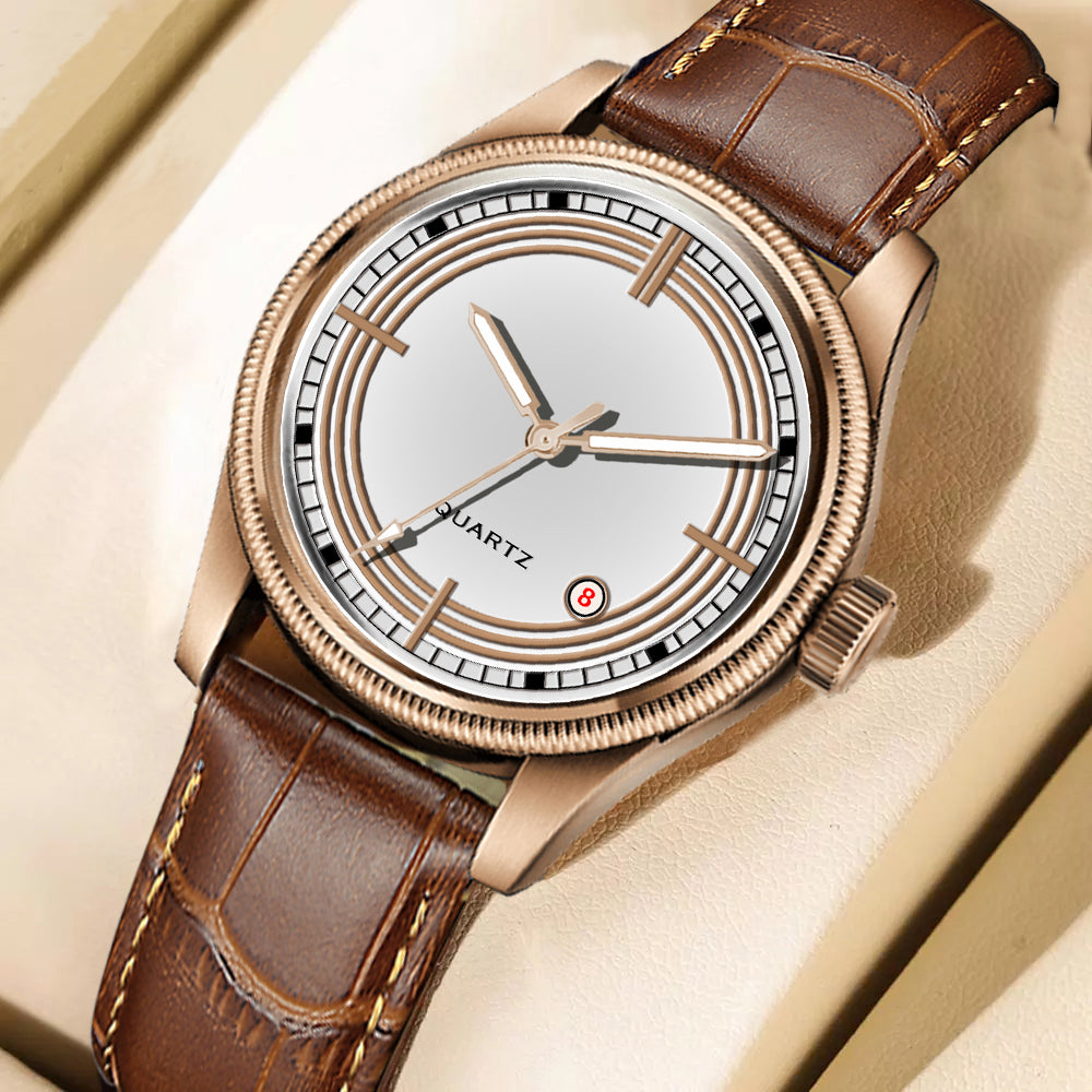 Men's Vintage Inspired Quartz Dress Watch | Classic White Dial, Rose Gold Tone Case, and Warm Brown Crocodile-Style Leather Strap
