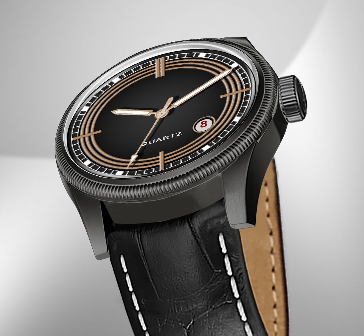 Men's Stealth Black Quartz Dress Watch | Matte Black Case, Black Dial, and Faux Croc Leather Strap