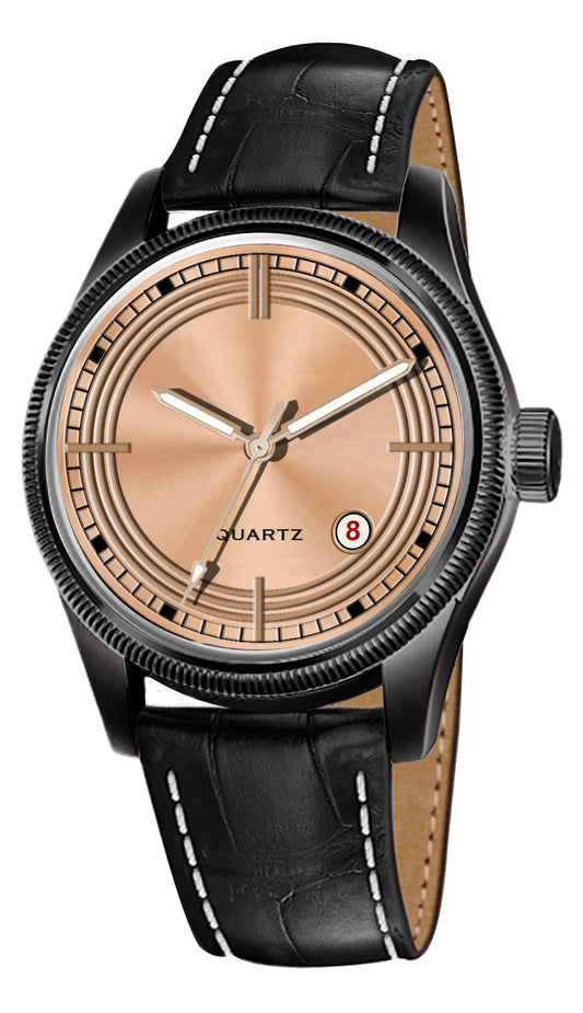 Men's Modern Dress Watch | Black Case, Copper Dial, and Black Crocodile-Style Leather Strap