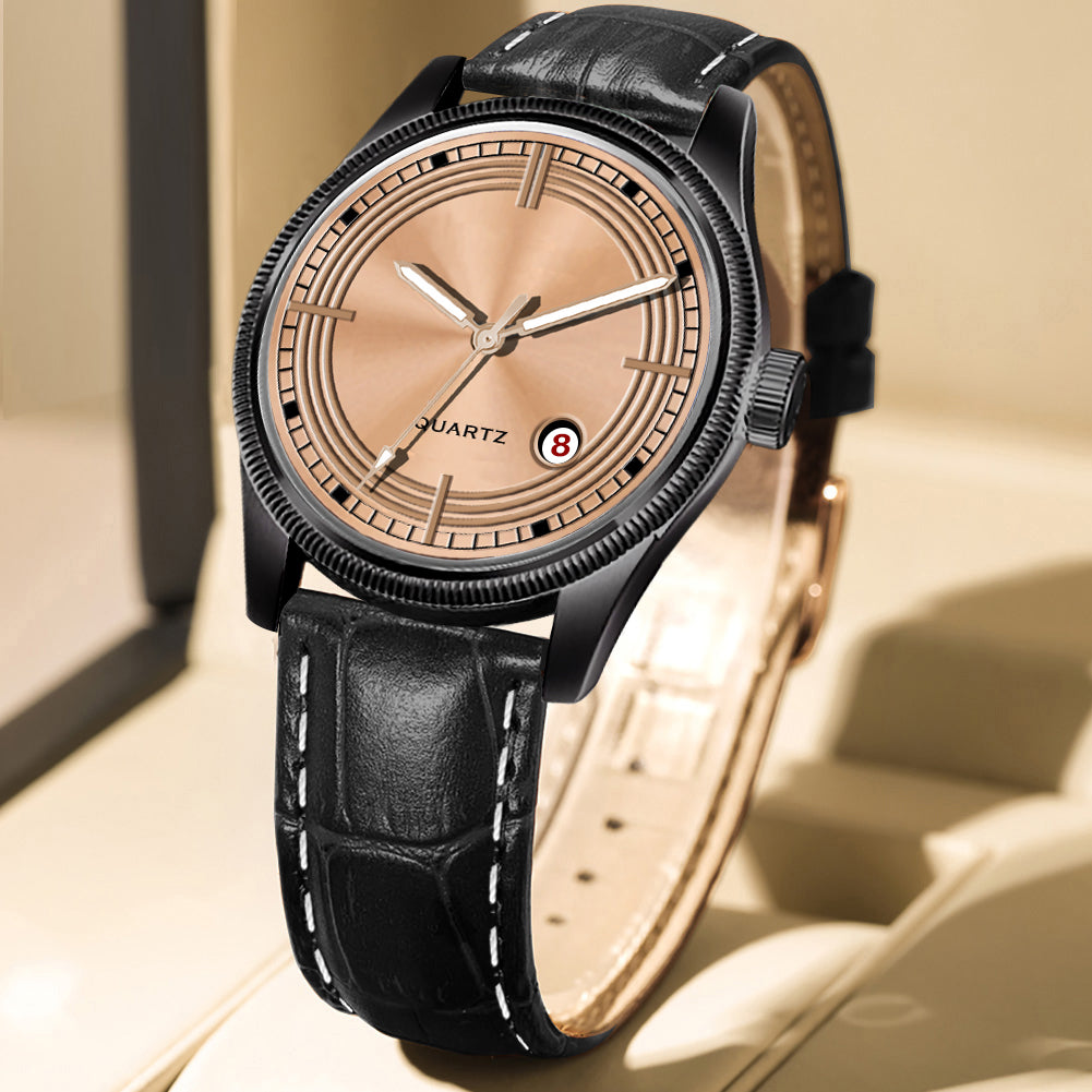 Men's Modern Dress Watch | Black Case, Copper Dial, and Black Crocodile-Style Leather Strap
