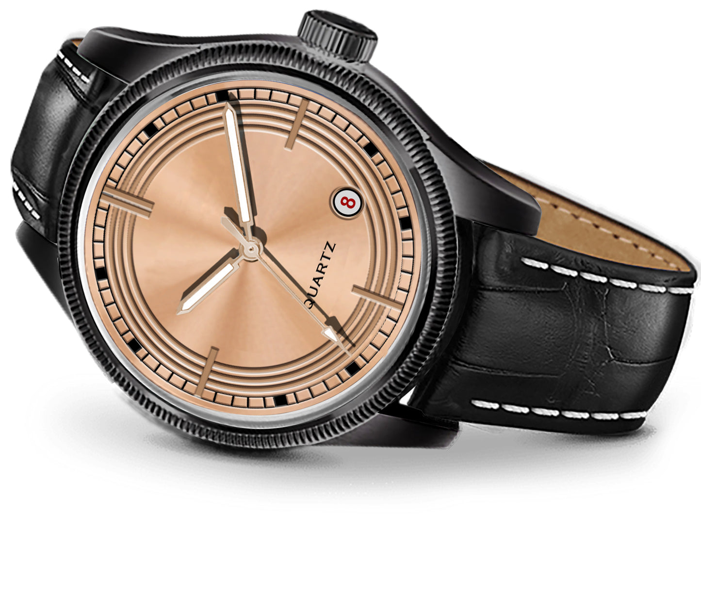 Men's Modern Dress Watch | Black Case, Copper Dial, and Black Crocodile-Style Leather Strap
