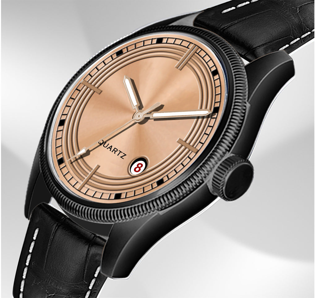 Men's Modern Dress Watch | Black Case, Copper Dial, and Black Crocodile-Style Leather Strap