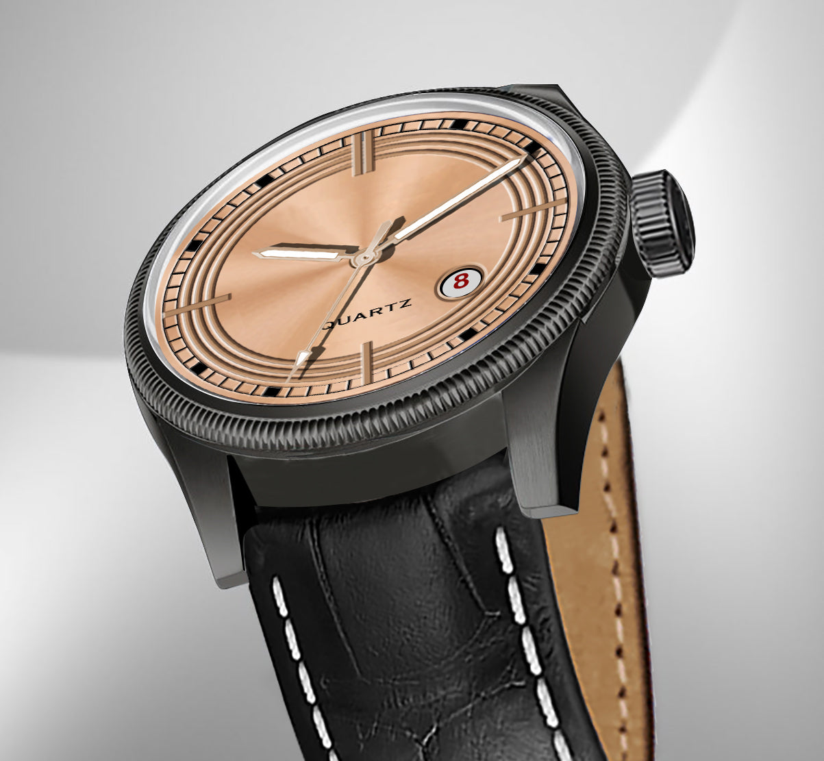 Men's Modern Dress Watch | Black Case, Copper Dial, and Black Crocodile-Style Leather Strap