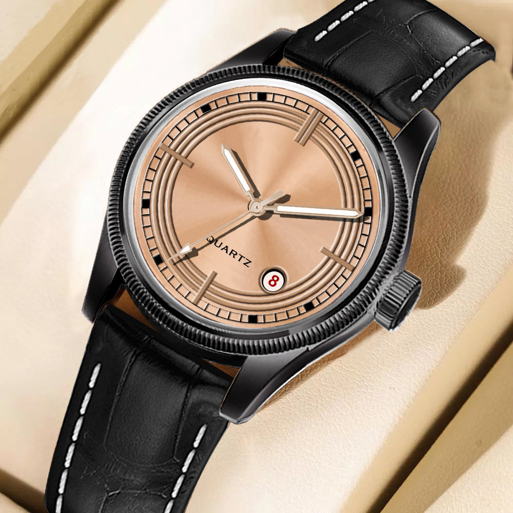 Men's Modern Dress Watch | Black Case, Copper Dial, and Black Crocodile-Style Leather Strap