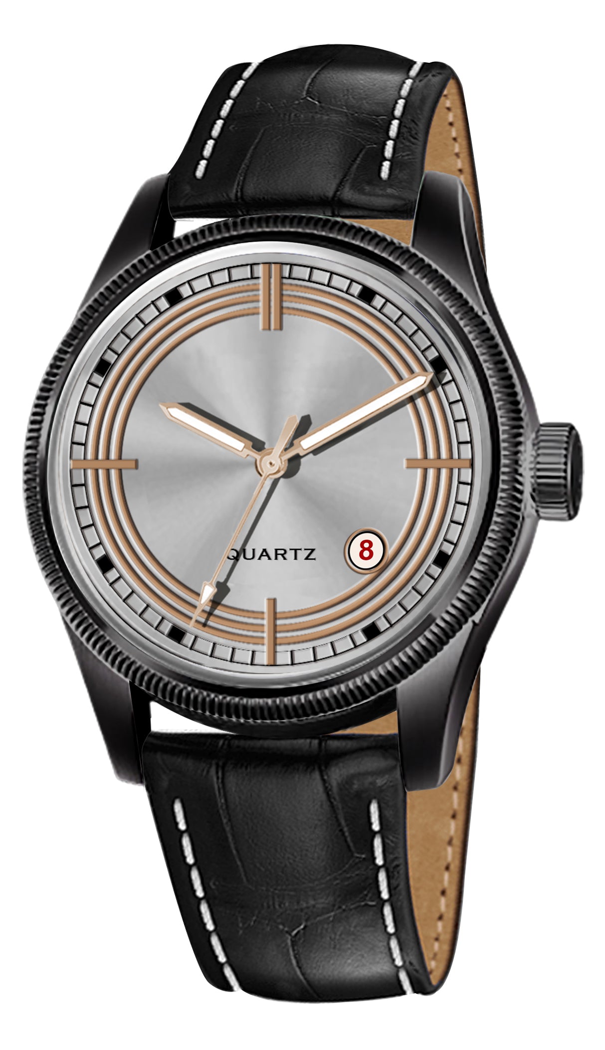 Men's Modern Dress Quartz Watch | Black Case, Brushed Silver Dial, and Black Crocodile-Style Leather Strap