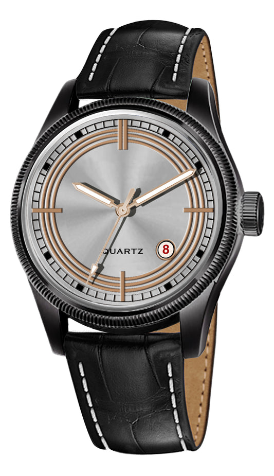 Men's Modern Dress Quartz Watch | Black Case, Brushed Silver Dial, and Black Crocodile-Style Leather Strap