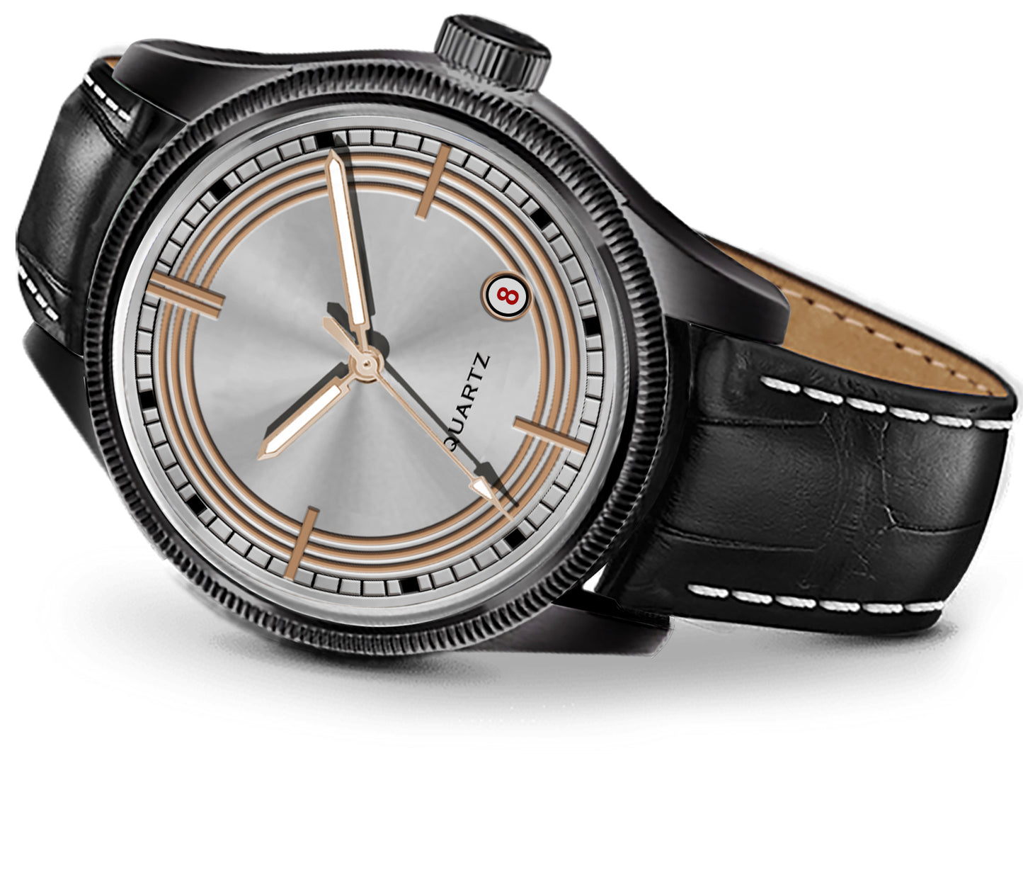 Men's Modern Dress Quartz Watch | Black Case, Brushed Silver Dial, and Black Crocodile-Style Leather Strap