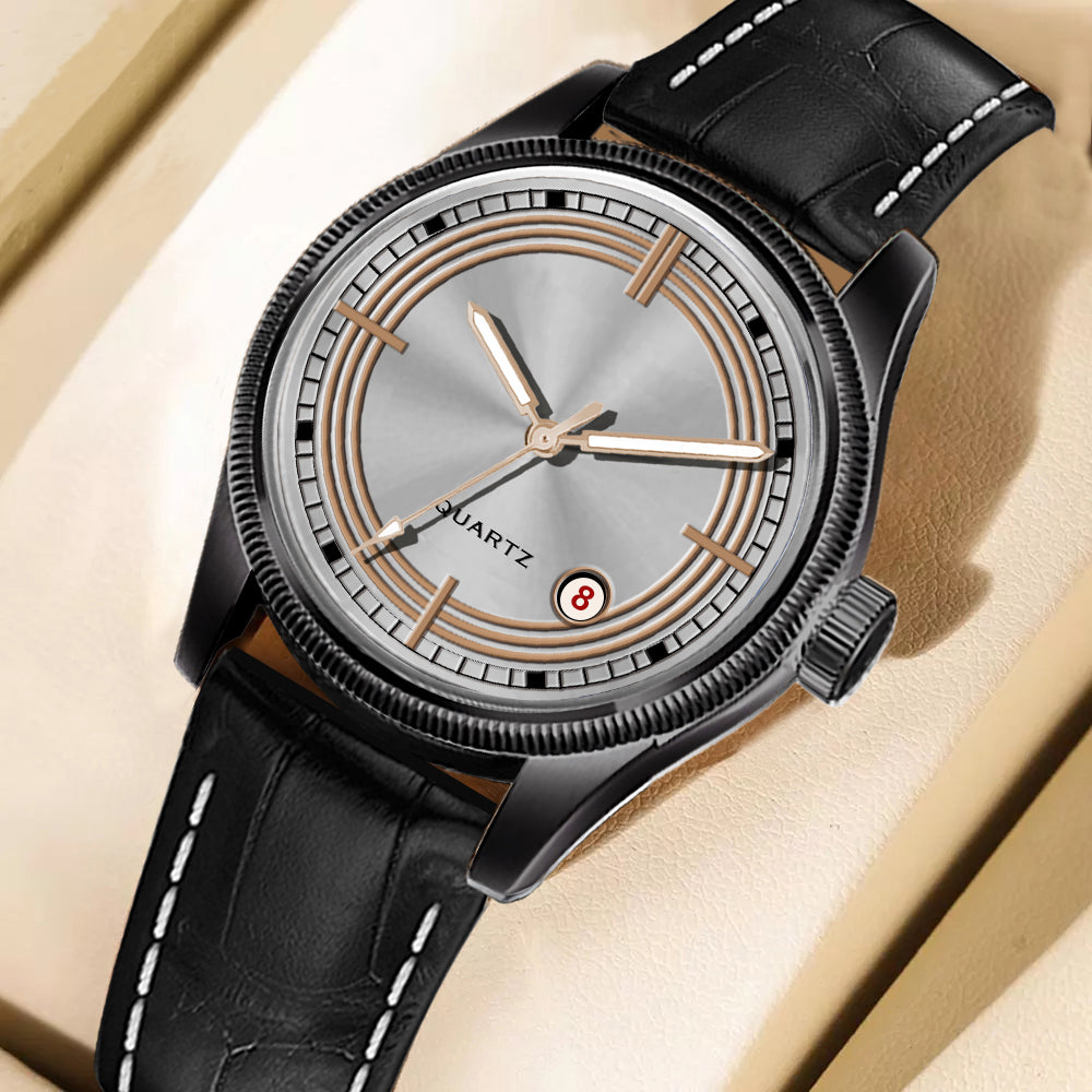 Men's Modern Dress Quartz Watch | Black Case, Brushed Silver Dial, and Black Crocodile-Style Leather Strap