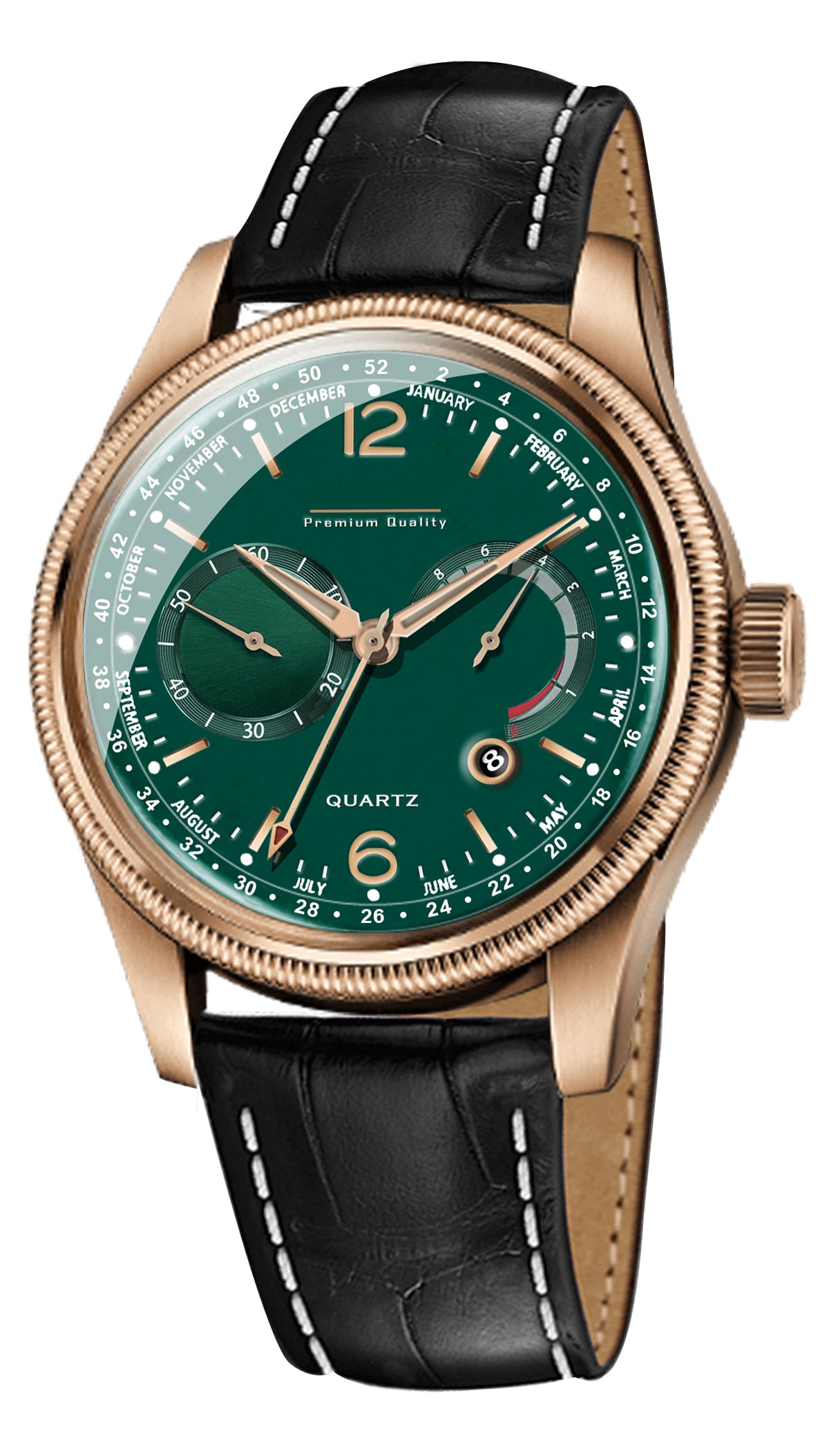 Men's Grand Multifunction Calendar Watch | Rose Gold Case, Emerald Green Dial, and Alligator-Style Strap