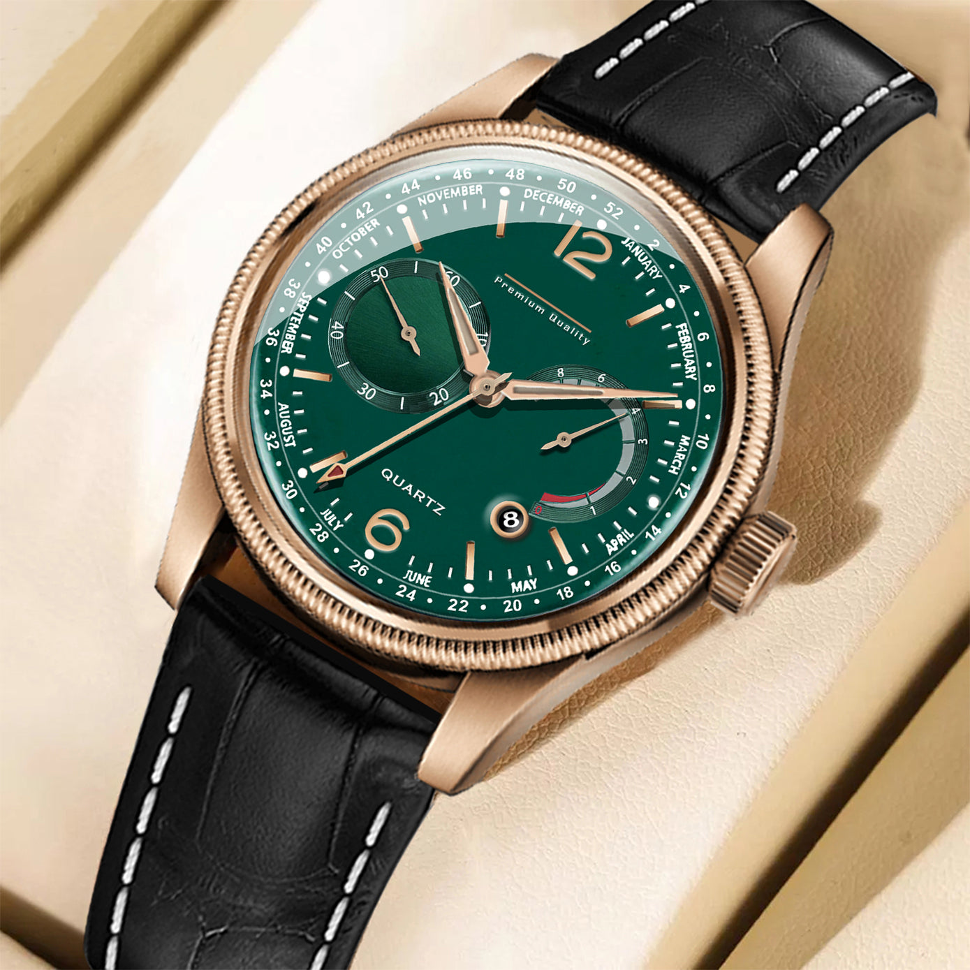 Men's Grand Multifunction Calendar Watch | Rose Gold Case, Emerald Green Dial, and Alligator-Style Strap
