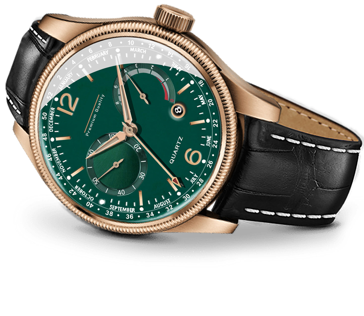 Men's Grand Multifunction Calendar Watch | Rose Gold Case, Emerald Green Dial, and Alligator-Style Strap