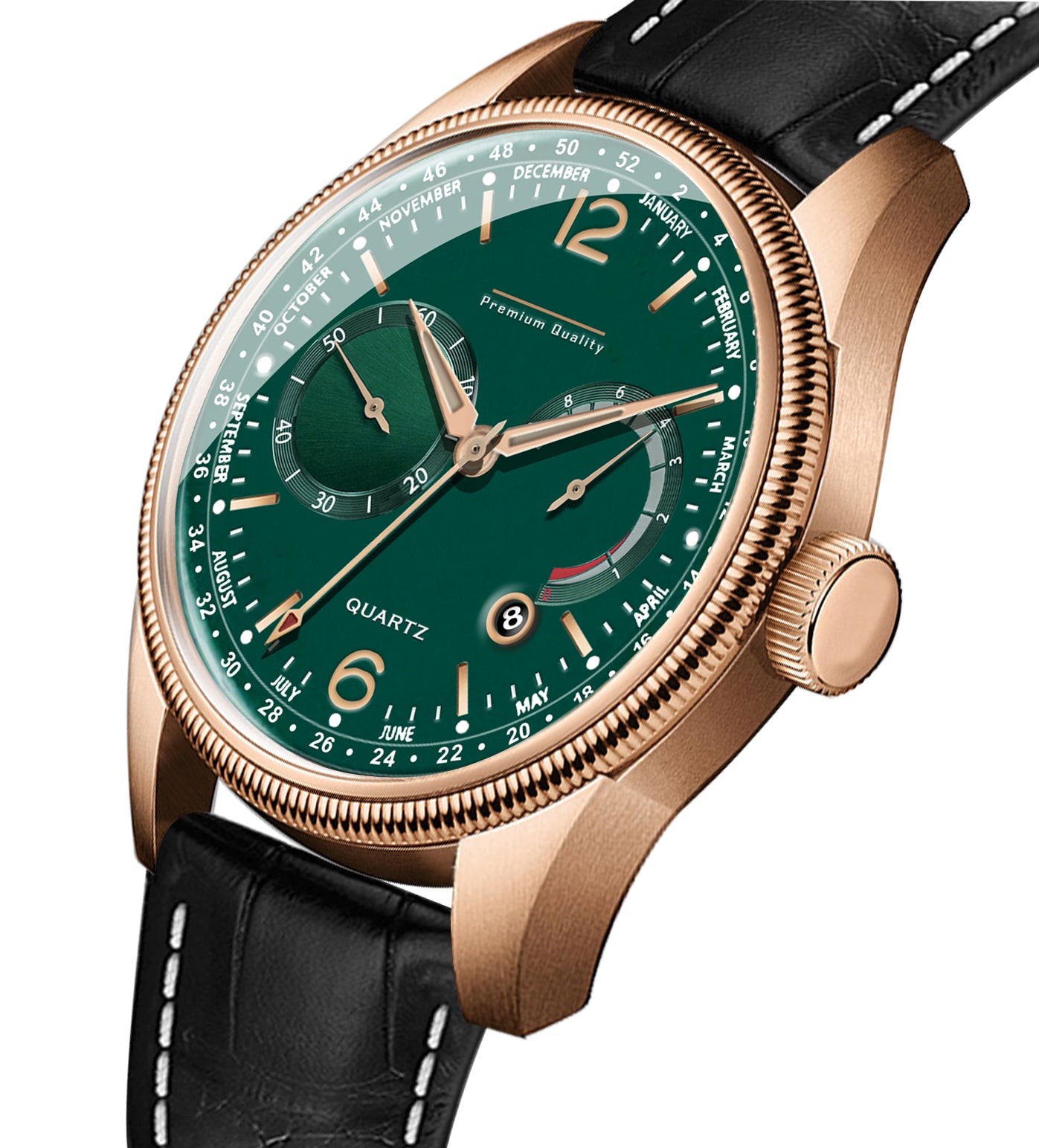 Men's Grand Multifunction Calendar Watch | Rose Gold Case, Emerald Green Dial, and Alligator-Style Strap
