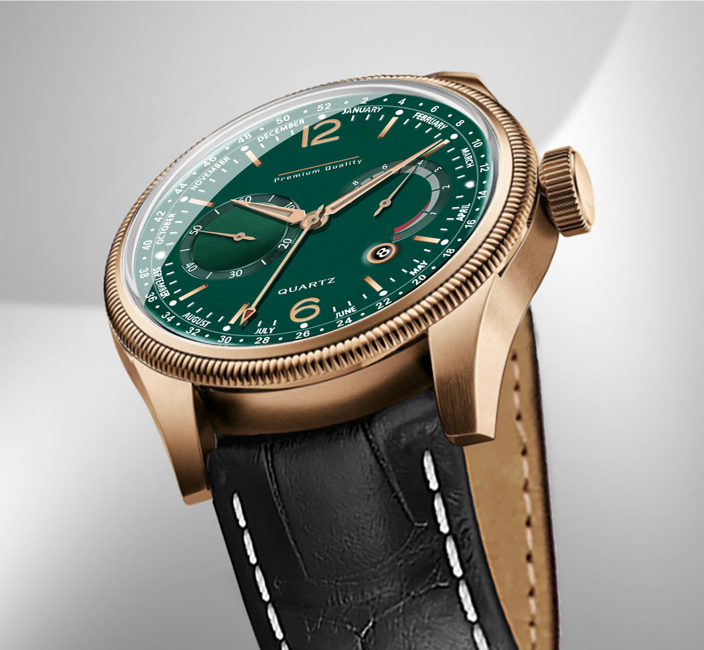 Men's Grand Multifunction Calendar Watch | Rose Gold Case, Emerald Green Dial, and Alligator-Style Strap
