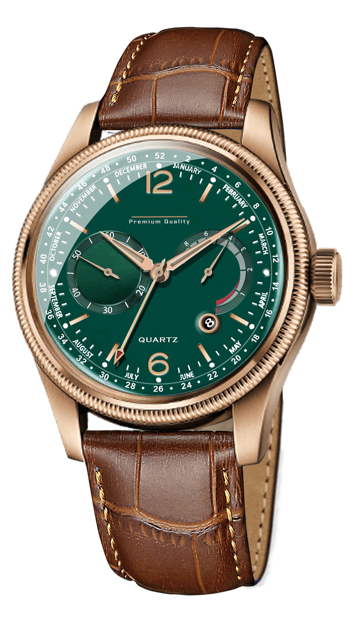 Men's Premium Multifunction Calendar Watch | Rose Gold Case, Forest Green Dial, and Brown Alligator-Style Strap