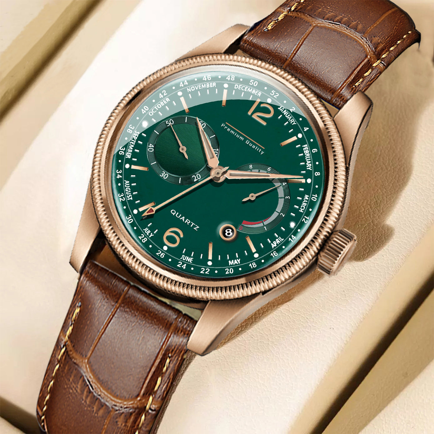 Men's Premium Multifunction Calendar Watch | Rose Gold Case, Forest Green Dial, and Brown Alligator-Style Strap