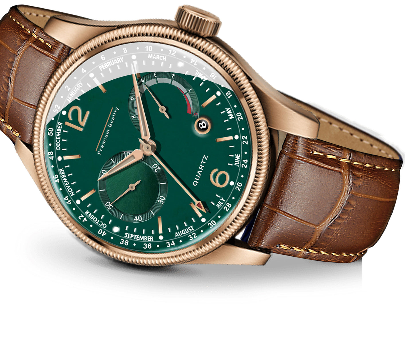Men's Premium Multifunction Calendar Watch | Rose Gold Case, Forest Green Dial, and Brown Alligator-Style Strap