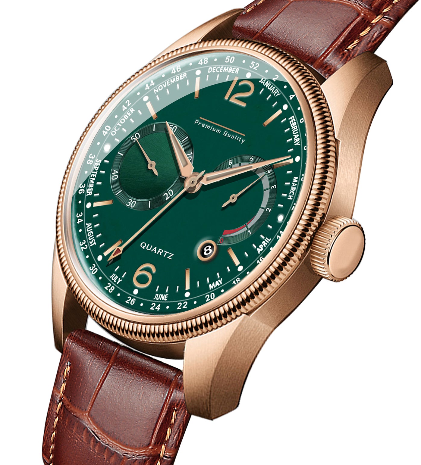 Men's Premium Multifunction Calendar Watch | Rose Gold Case, Forest Green Dial, and Brown Alligator-Style Strap